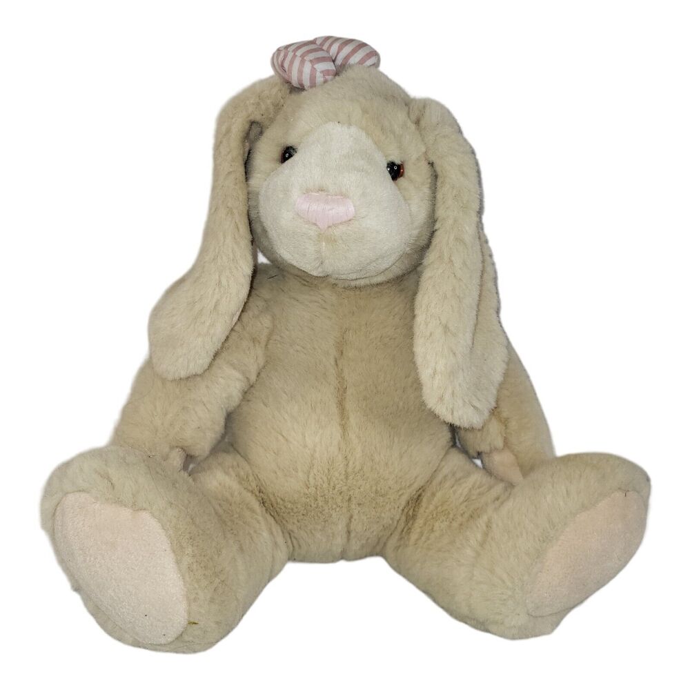 Vtg‎ Commonwealth Brown Bunny Rabbit Plush Pink Striped Bow 1993 13"